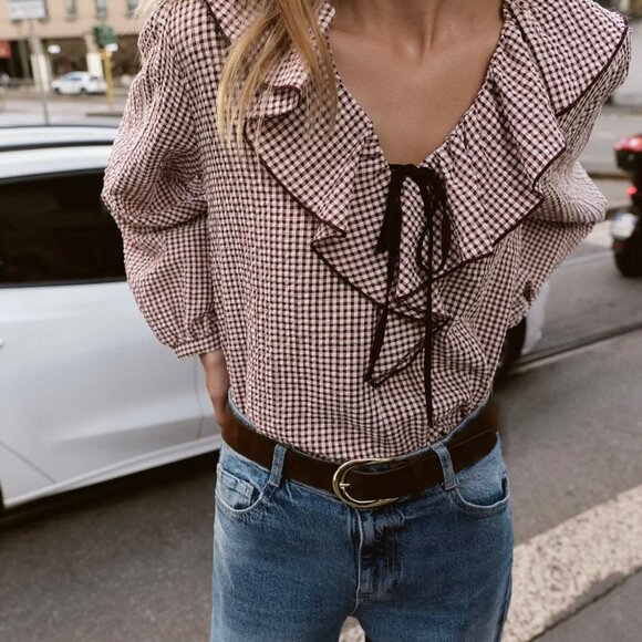 Zara Plaid Ruffle Bow Blouse – XL – NWT – Bordeaux/Ecru - Picture 4 of 4